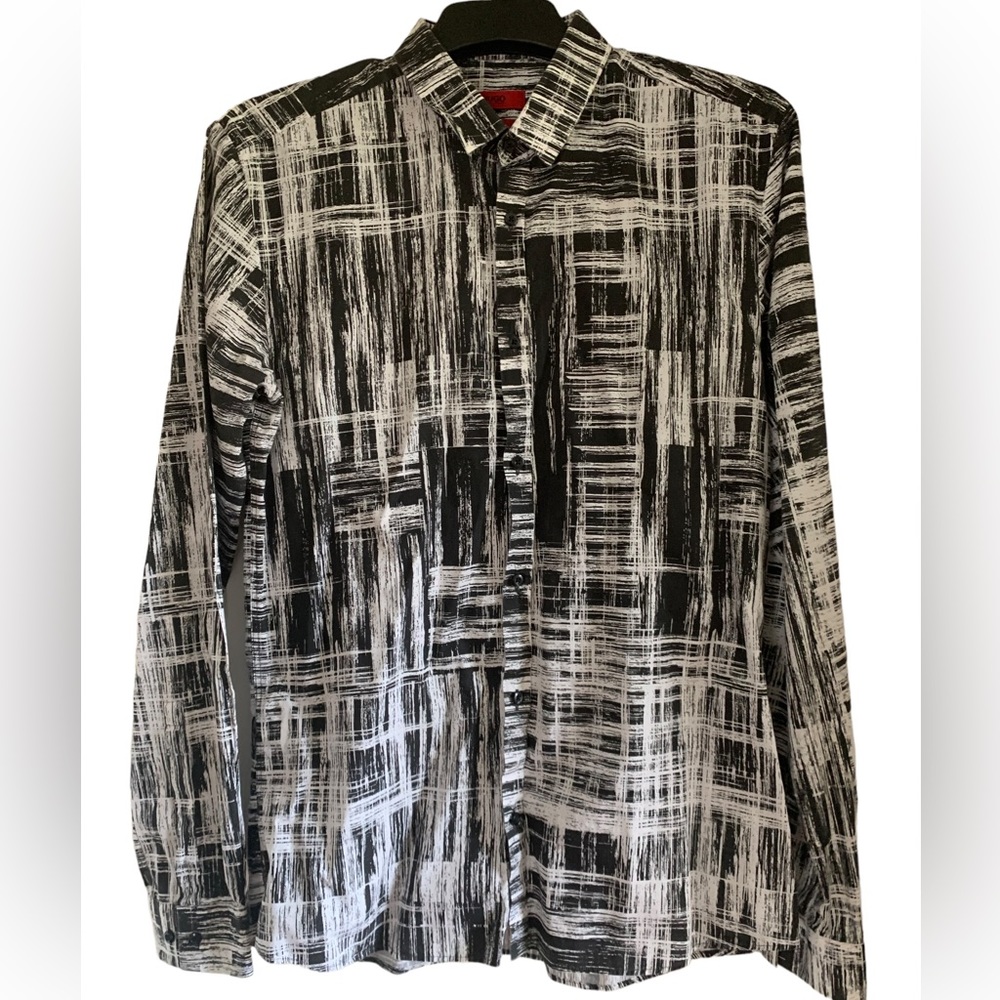 HUGO BOSS Men’s black white cotton dress Shirt LARGE